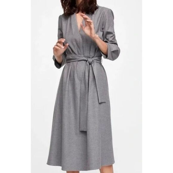 Zara Gray Tie Wool Dress xs - Picture 9 of 11